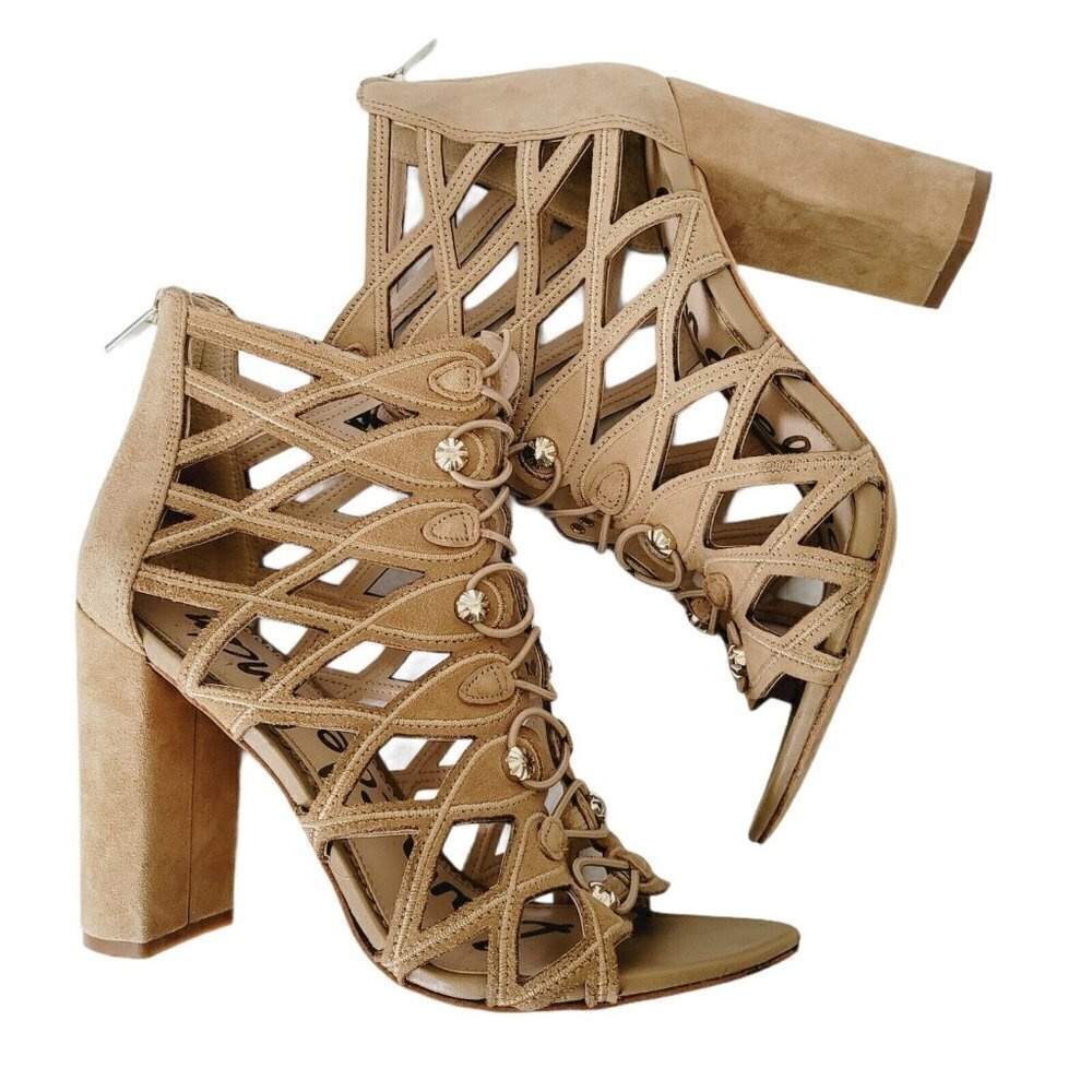SAM EDELMAN Sz 8.5 Yeager Bootie Cage Leather Sandal Oatmeal Cutout Block Heel - Picture 7 of 9